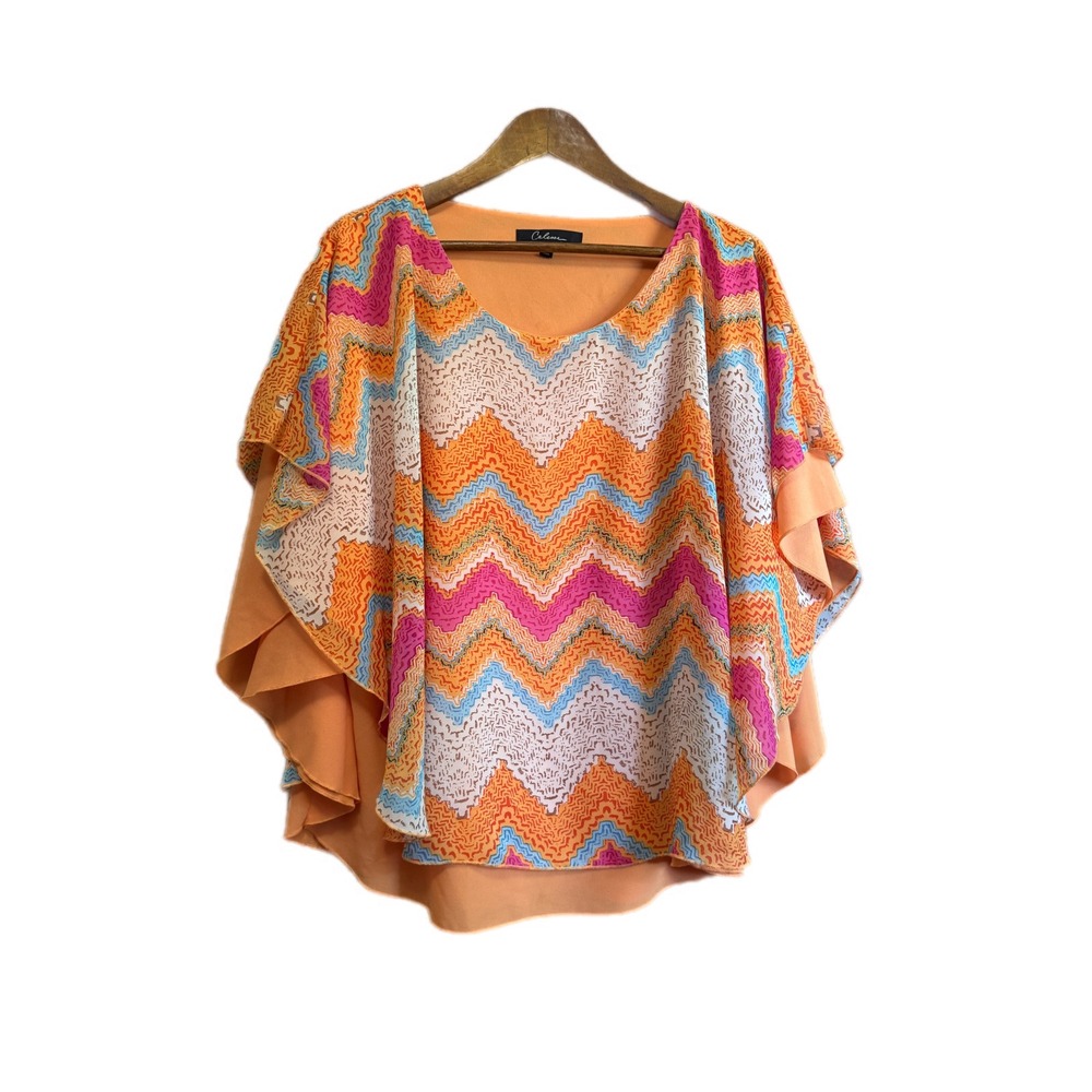 Calessa Poncho Blouse Womens L Orange Chevron Zig Zag Excellent Layered Boho Top